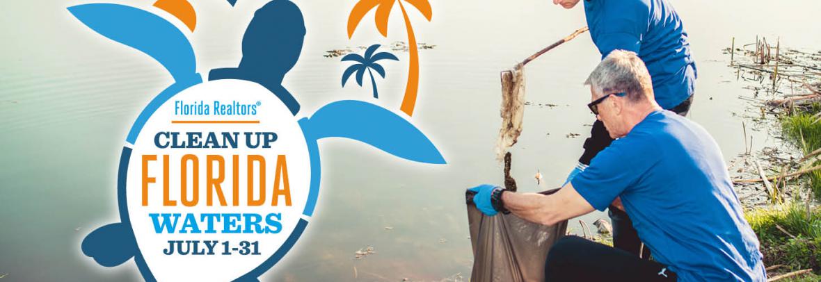 Clean Up Florida Waters logo with two people cleaning trash from waterway