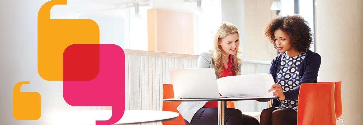 photo of two women talking at a table with dialogue bubbles overlapping image