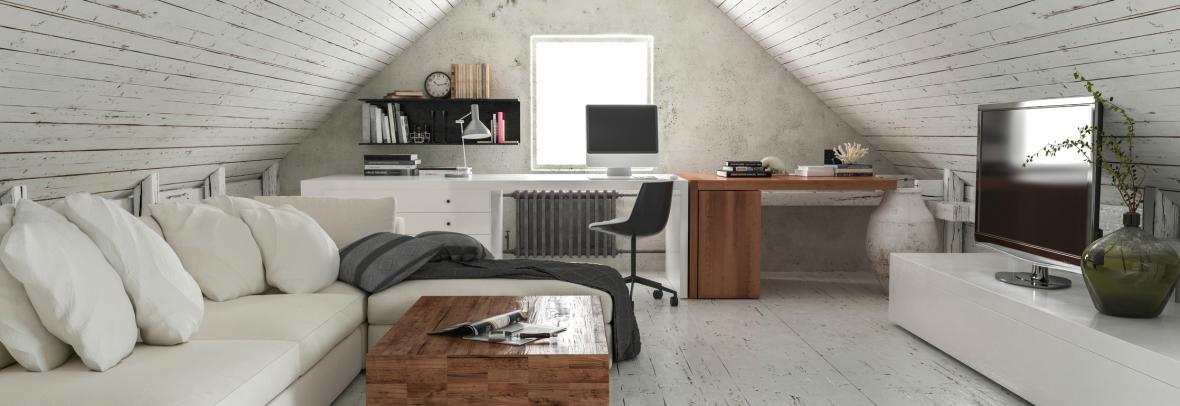 Attic apartment. white floor, couch, decor
