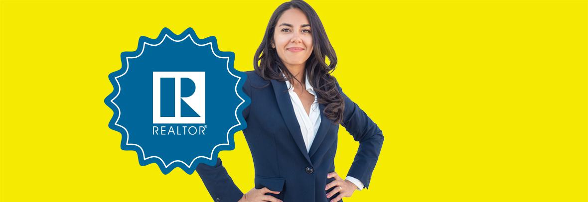 Photo of a sharp business woman on a yellow background and an icon that reads Realtor