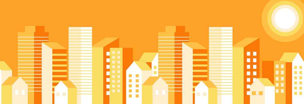 illustration of cityscape in orange and yellow with sunshine overhead