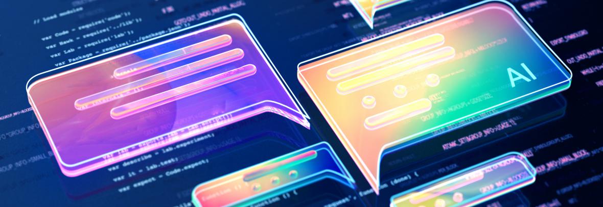 AI Chatbot - stock photo Digital generated image of abstract AI data chat icons flying over digital surface with codes