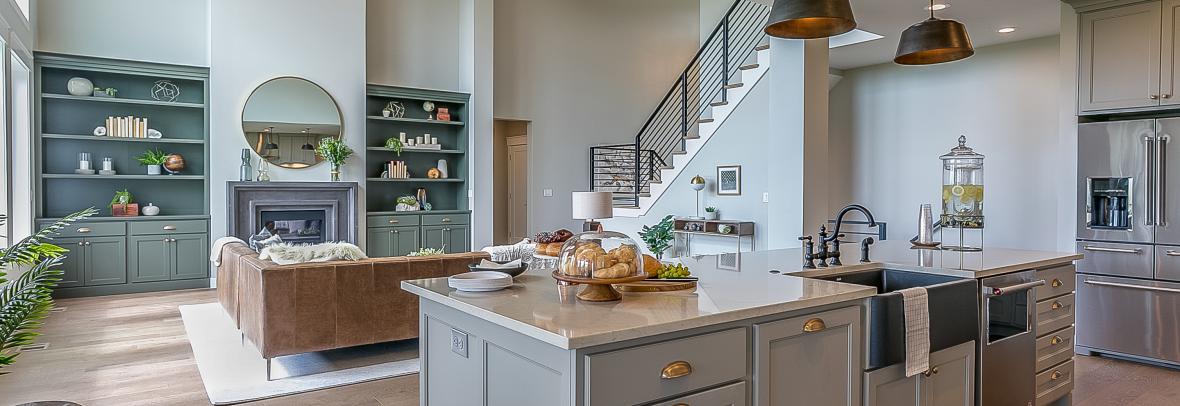 instagram ready home.Beautiful modern kitchen with all luxuries you could want - stock photo Kitchen island with gray and white colors staged for Tour