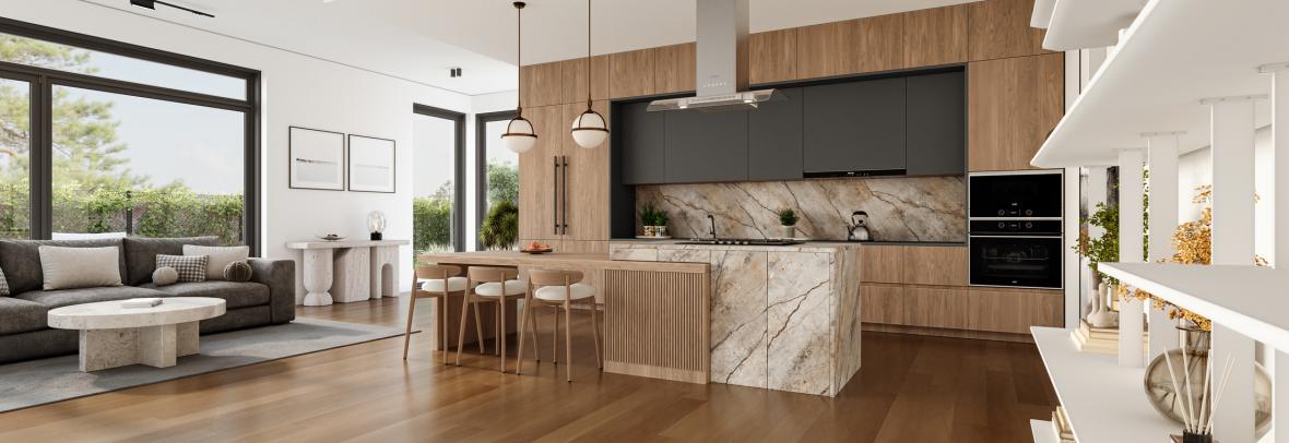 Open space living room and kitchen interior with large windows, gray sofa, dining table and hardwood flooring. Modern design solution - stock photo