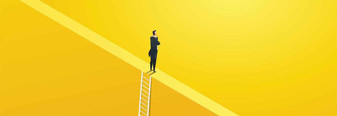 illustration of a business man at the top of a ladder on yellow background