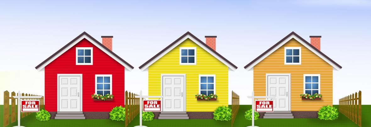 color illustration of three simple houses in red, yellow and tan, with red for sale signs out front