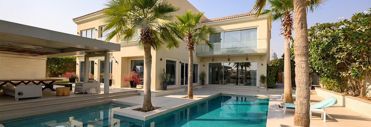 Luxury villa with palm trees and swimming pool. Exterior of modern house. Empty back area of house