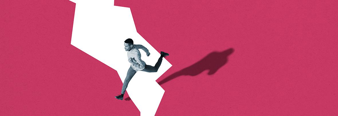 Photo illustration of a young man jumping over a crack in a pink background color
