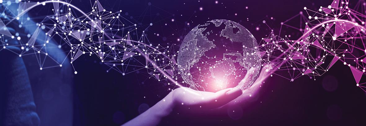 Digital illustration of a hand holding a globe with pink and purple data points emanating from it.