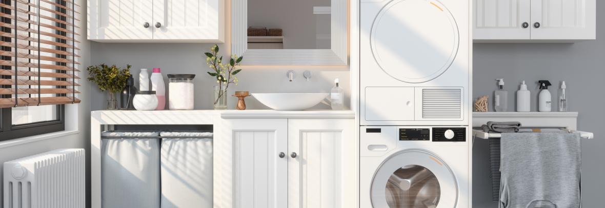 Modern Laundry Room With Washing Machine, Dryer, White Cabinets and Drying