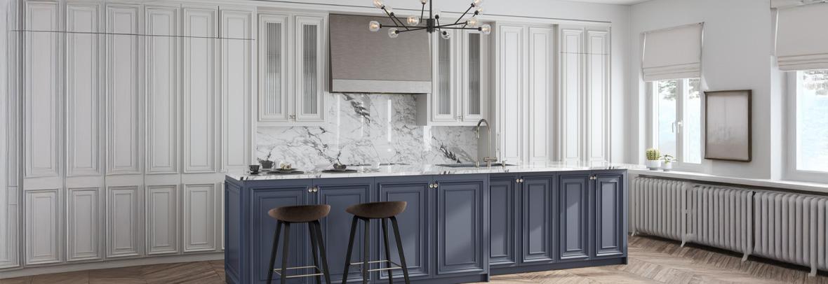Interior of an empty luxurious neo-classical kitchen.