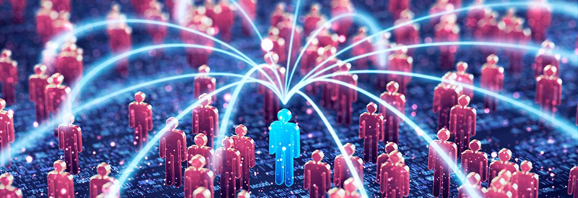 Digital illustration of a human shape connected to many more human shapes