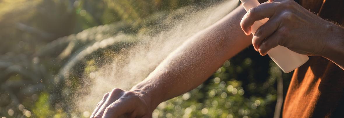 Man while applying insect repellent on his arm. Prevention against mosquito bite in tropical destination