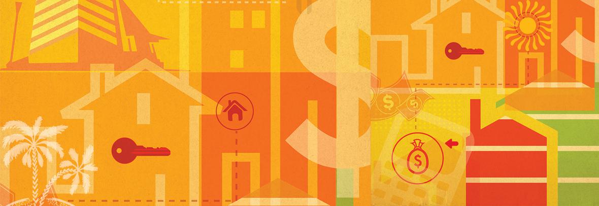 illustration of houses, commercial buildings, key, dollar sign etc.