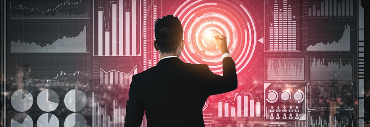 digital illustrations of a business man looking at data points 