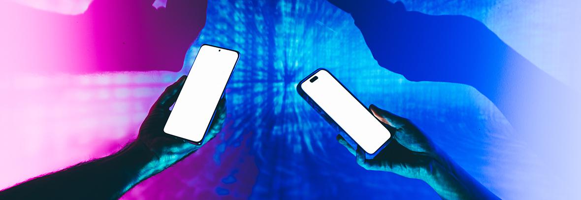 digital illustration of two people holding their phones together with bright background