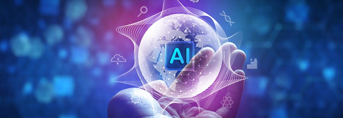 digital illustration of a hand holding a globe with AI over it