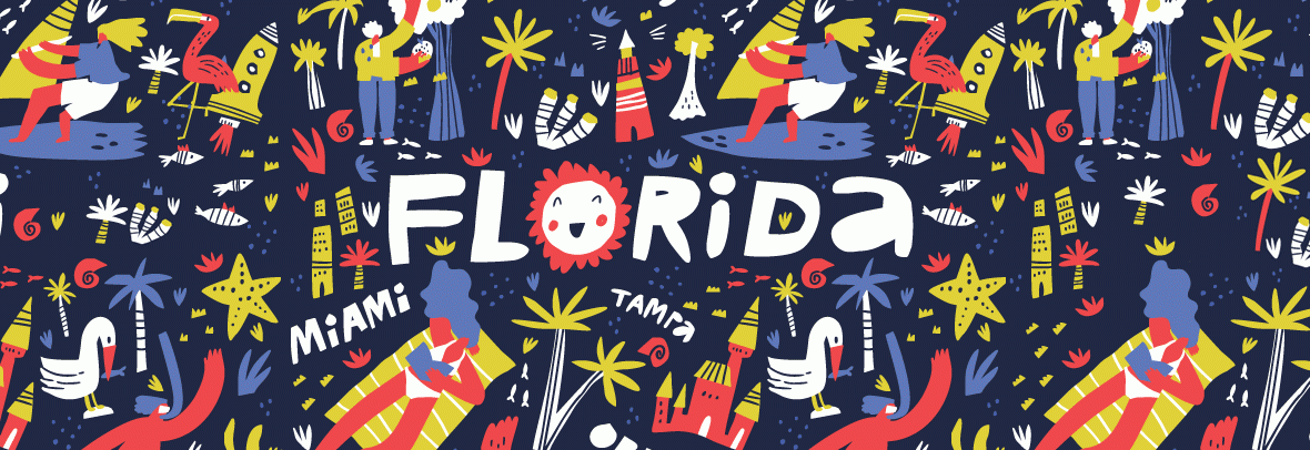 colorful illustration of the word florida with florida graphic elements around it.