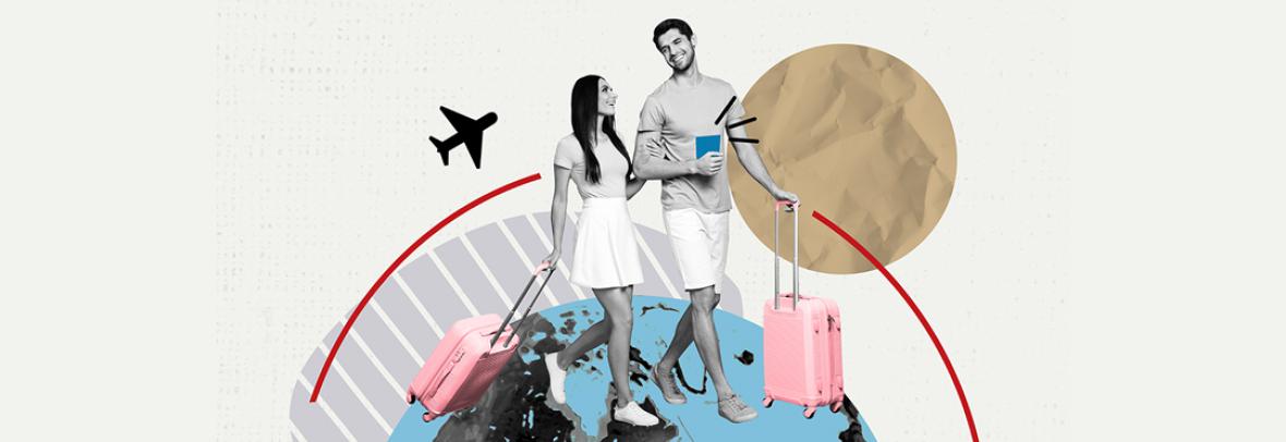 digital illustration of a couple traveling the globe