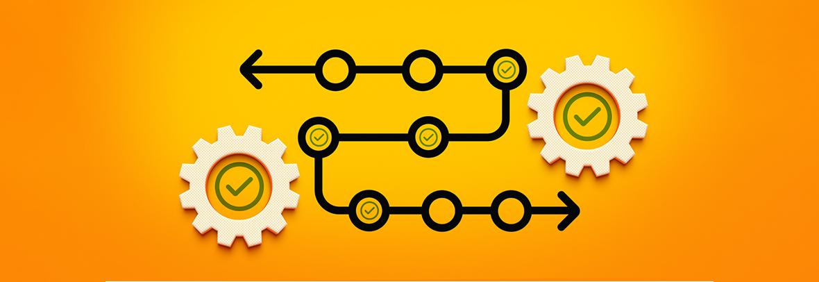 digital illustration of a flow chart with gears on yellow background