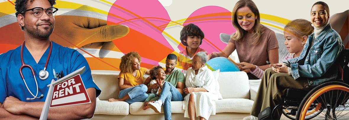 collage of a variety of minorities such as nurse, teacher, person in a wheelchair.