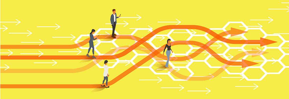 illustration of people walking on crossing lines in orange and yellow