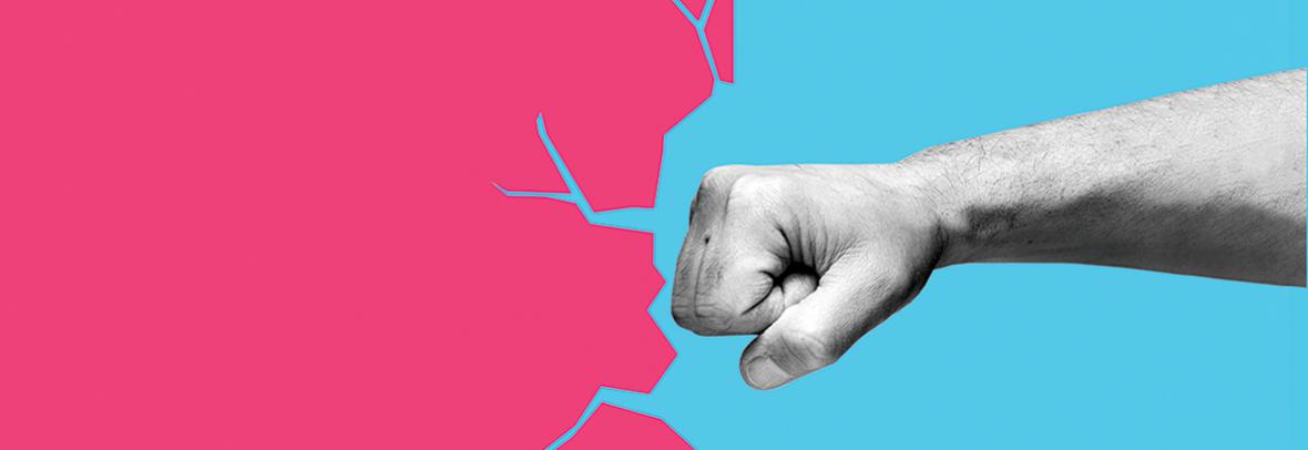 illustration of a fist punching and cracking through a bright pink wall