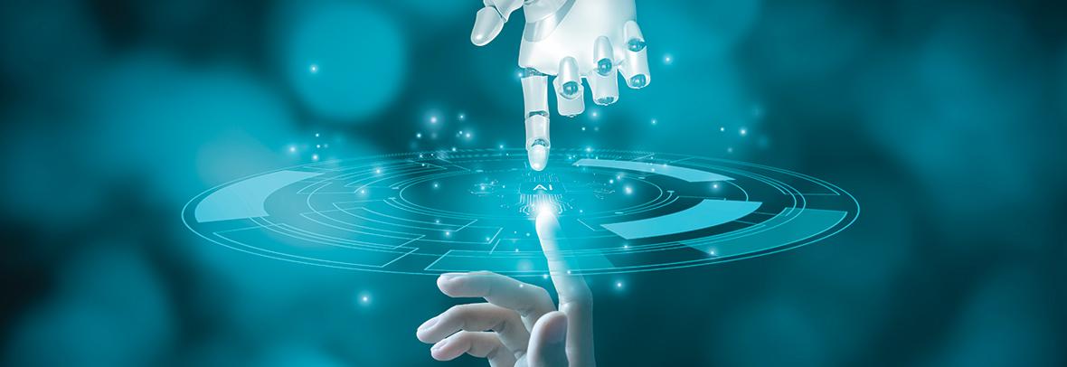 digital illustration of a human hand touching a robot hand