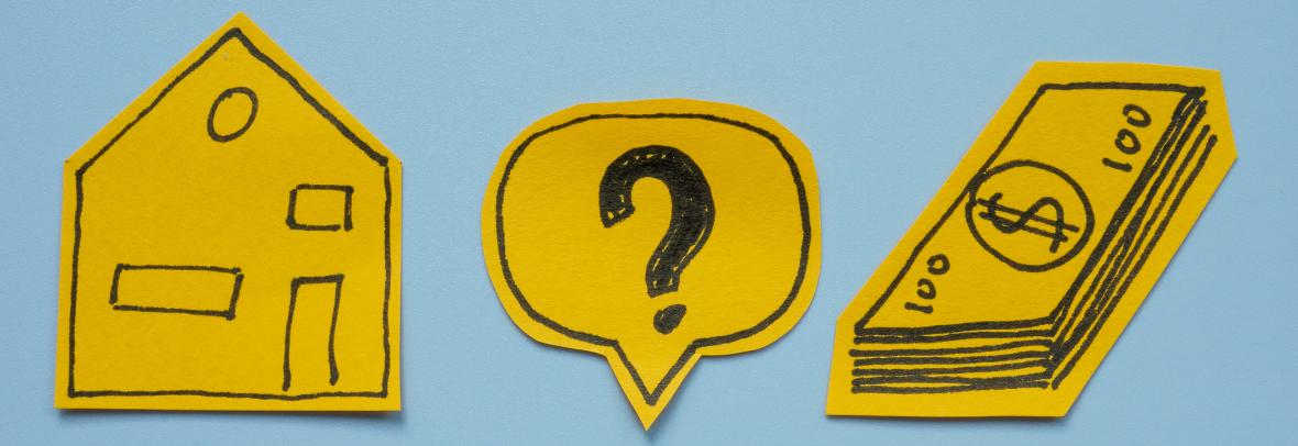 illustration of house, question mark, dollar bills