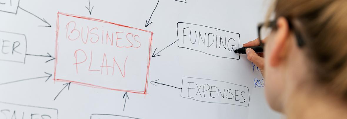 Photo of woman writing business plan on white board