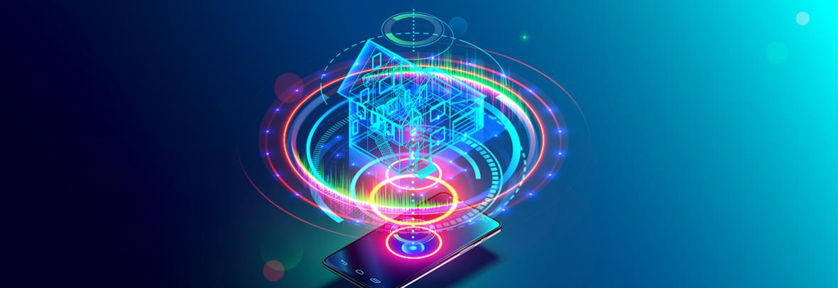 digital illustration of a home floor plan coming out of a phone
