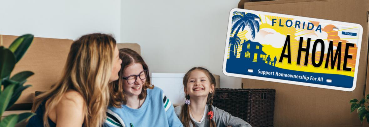 family in new home laughing with overlay of license plate