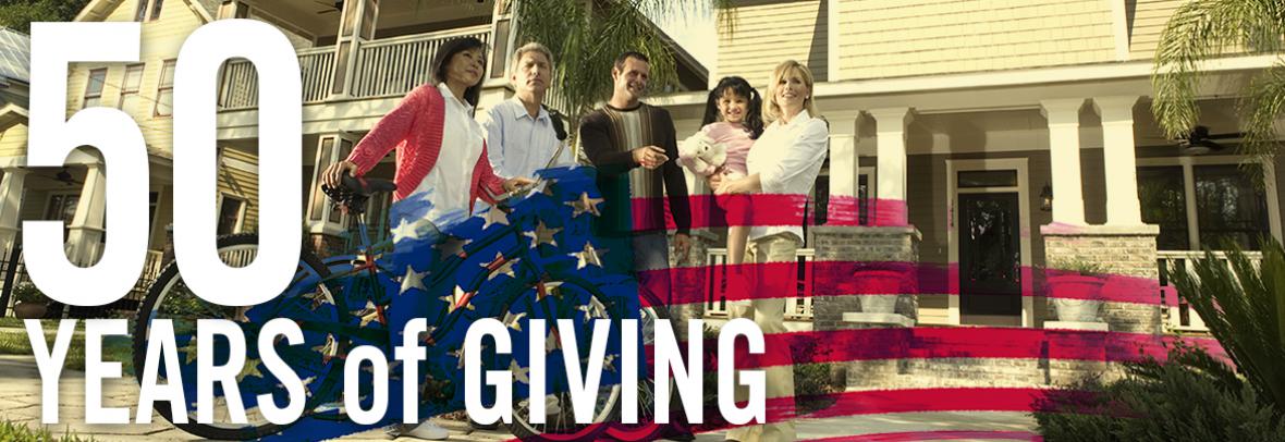 People standing in front of house with illustrative overlay of american flag plus words "PAC 50 years of giving"