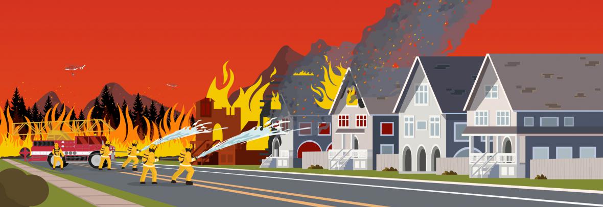 illustration of firefighters battling house fire
