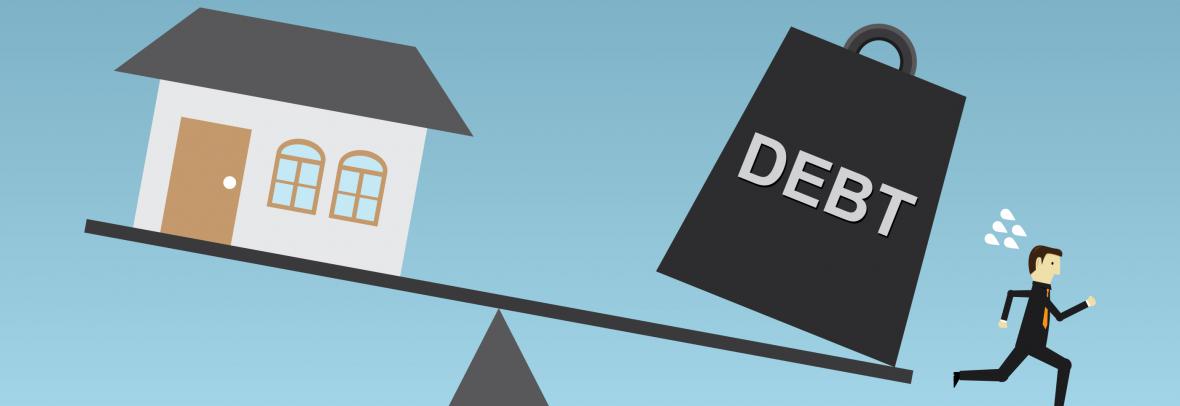 debt and house on a scale with man running
