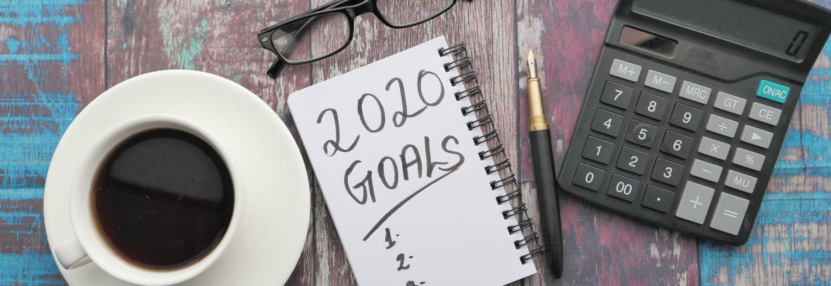 2020 goals notebook, coffee cup, calendar