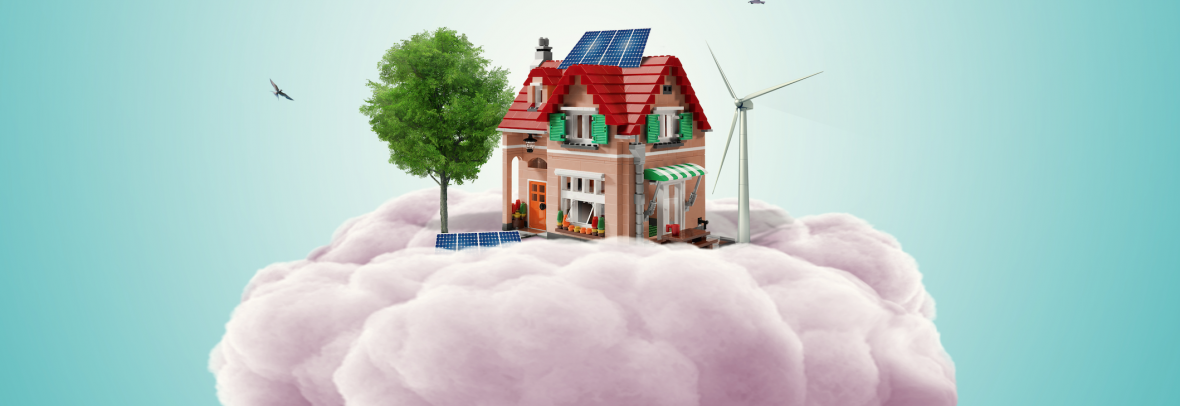 Lego home sitting on top of a pink cloud