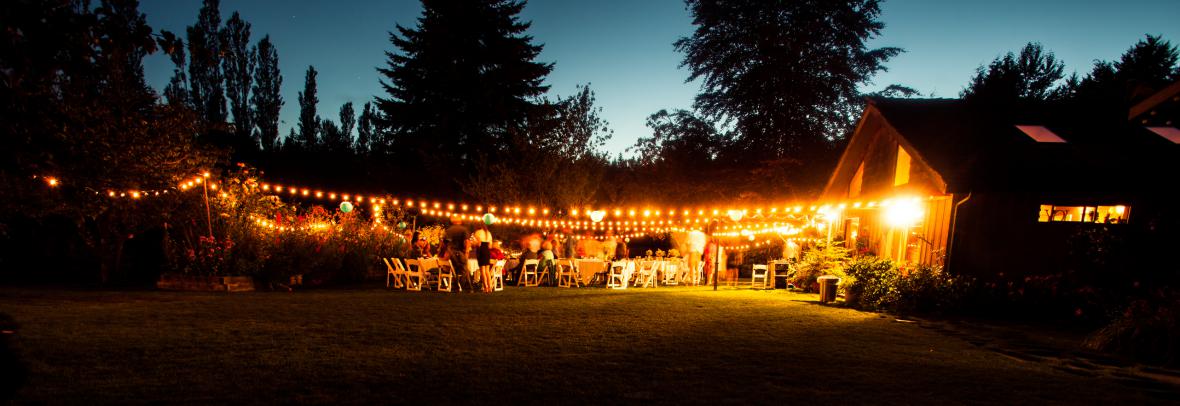 Party under lights at night near barn