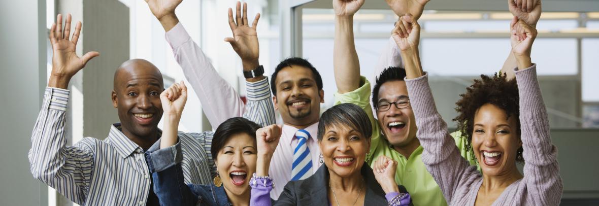 Multiracial group cheering