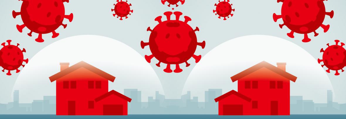 illustration of coronavirus and houses