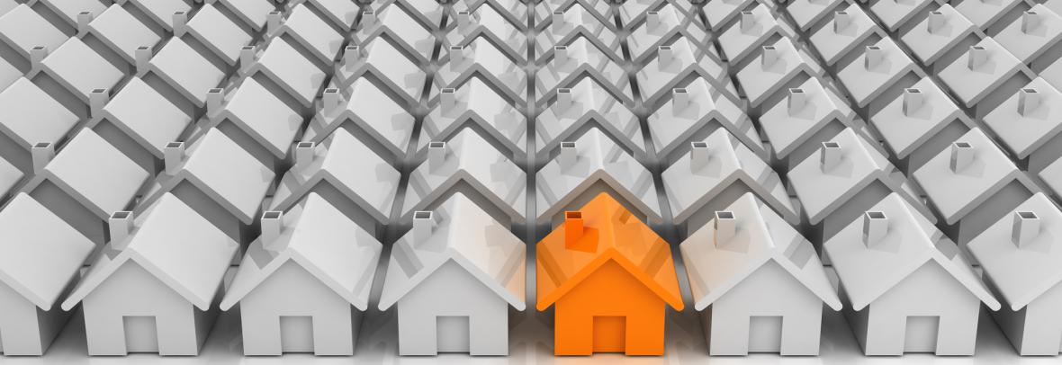 orange house in rows of white houses illustration