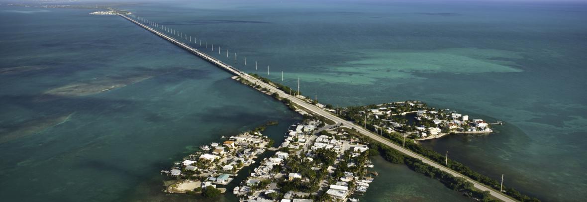 Aerial view of 7-mile bridge crossing a small Florida Key