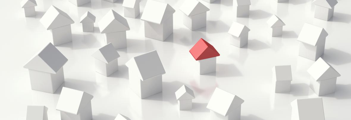 An array of toy block homes and one has a red roof