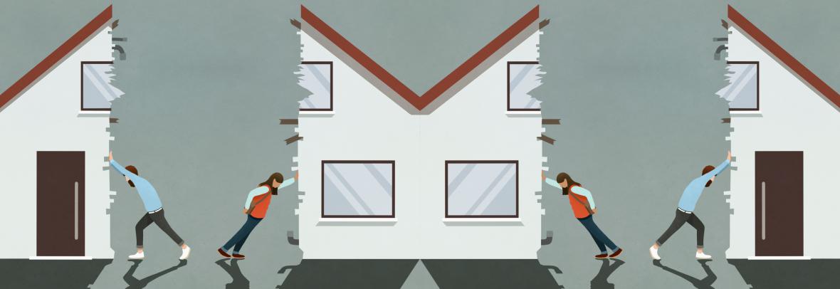 illustration of man and woman with house split in two