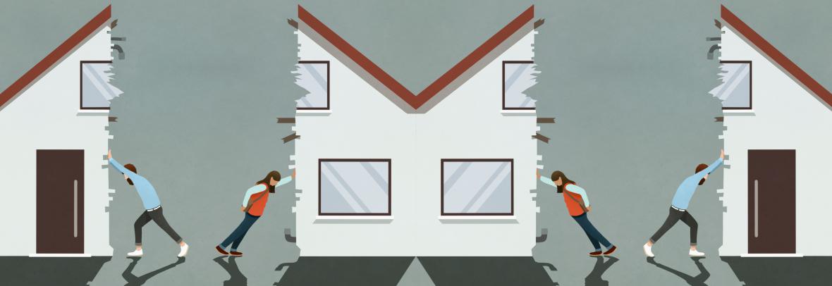 illustration of man and woman with house split in two