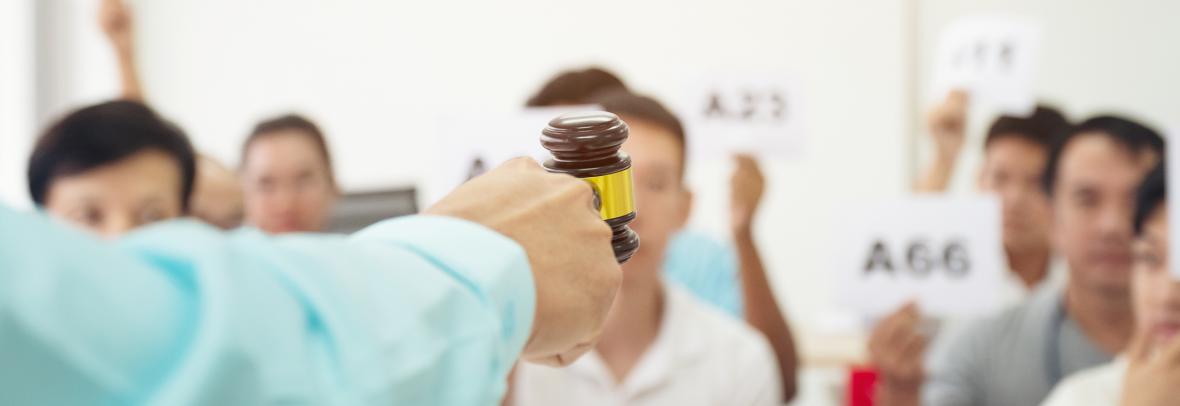 Bidders face a hand with a gavel during auction