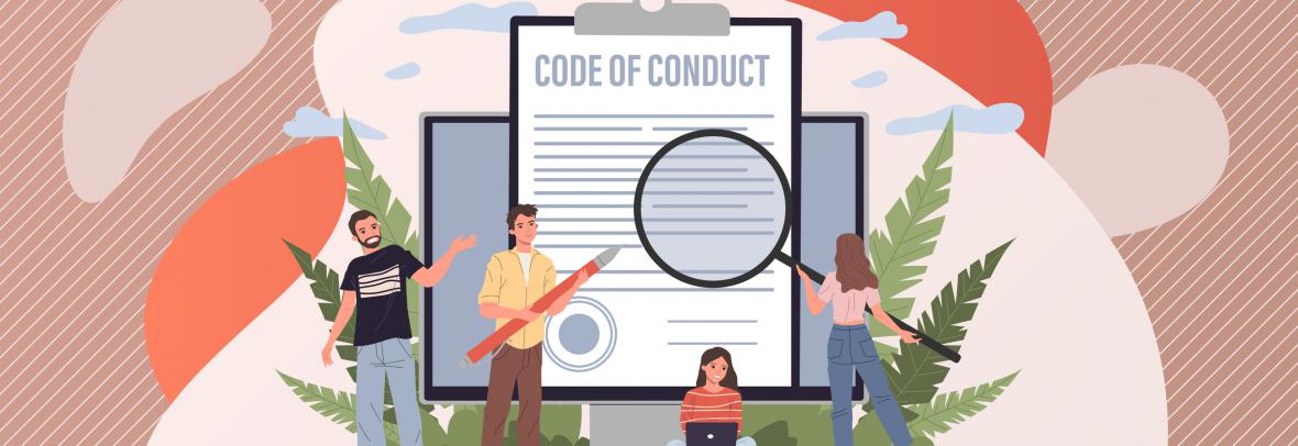 People with magnifying glass looking at code of conduct illustration