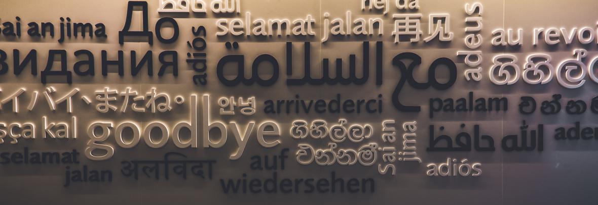 The word goodbye surrounded by many translations
