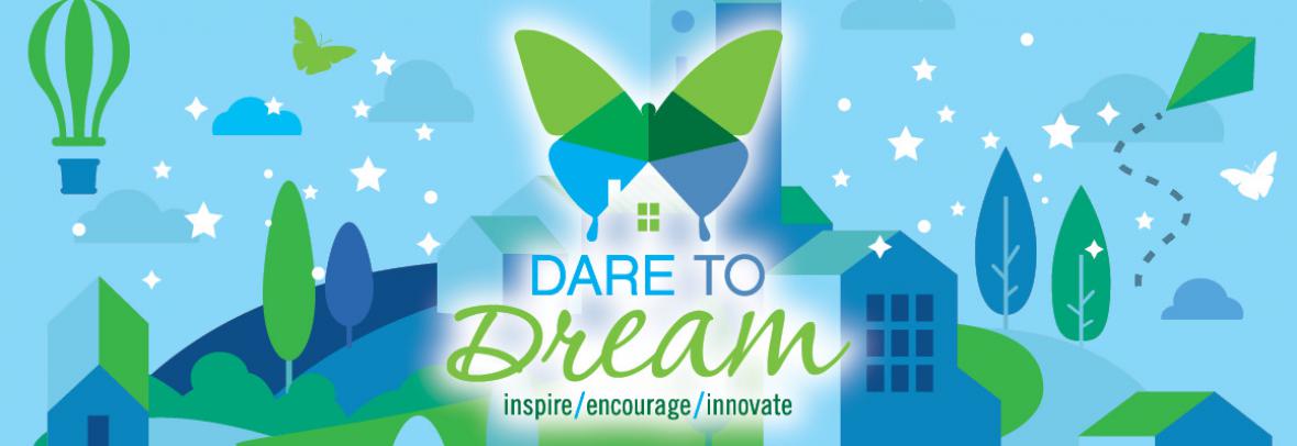 dare to dream inspire encourage innovate illustration with butterfly, kite, balloon and buildings