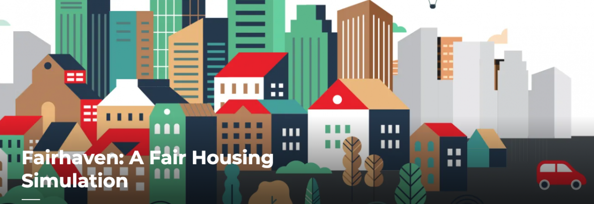 Drawing of a city with Fairhaven A Fair Housing Simulation written on top